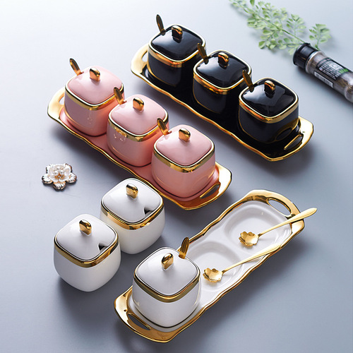Light luxury Phnom Penh ceramic seasoning jar kitchen supplies seasoning jar set household seasoning box three-piece set salt shaker wholesale