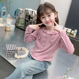 女童休闲连帽上衣秋装中大童春秋新款纯色长袖公主风带帽卫衣上装
