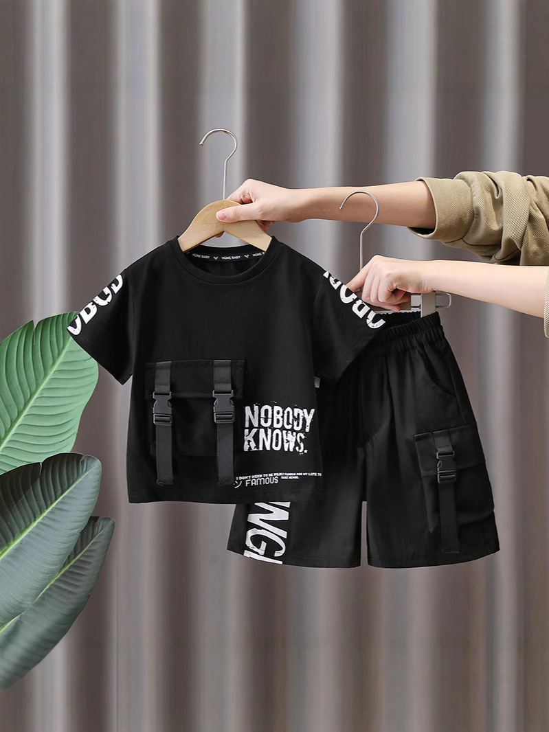 7225 Traje de manga corta para niños Camiseta de moda para niños estilo occidental Estilo de verano Red de Internet Ropa de calle frita 2025 Nuevo estilo