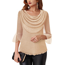 2025跨境欧美女装大码网纱打底衫秋新款时尚百搭荡领亮丝长袖T恤