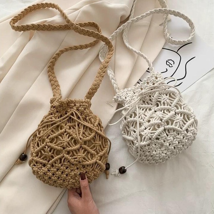 New Style Beach Handmade Woven Bag for Women, Cotton Thread Bucket Bag, Casual Versatile Straw Bag, Shoulder Crossbody Bag, Phone Bag