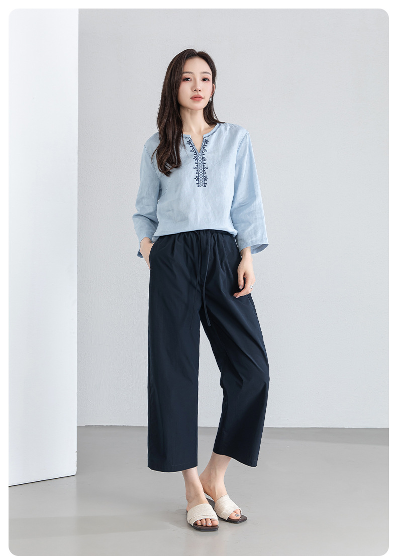 Quần tây nữ ống đứng cạp thun thoáng khí dáng suông — Xanh lông mòng đen chi tiết 22