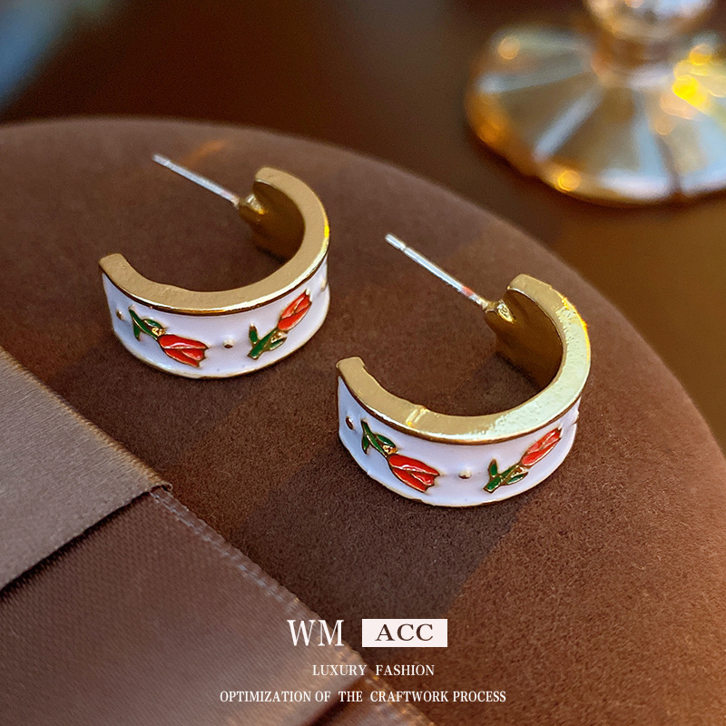 Silver needle tulip flower C -shaped earrings