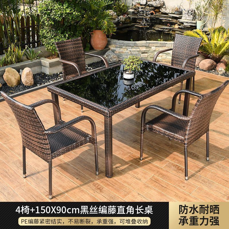 (프리쿠션) 의자 4개 + 150cm 블랙 실크 라탄 직각 롱 테이블