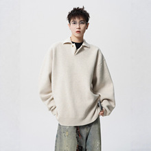 高级感POLO领毛衣外套男秋潮牌慵懒bf纯色针织衫美式百搭情侣上衣