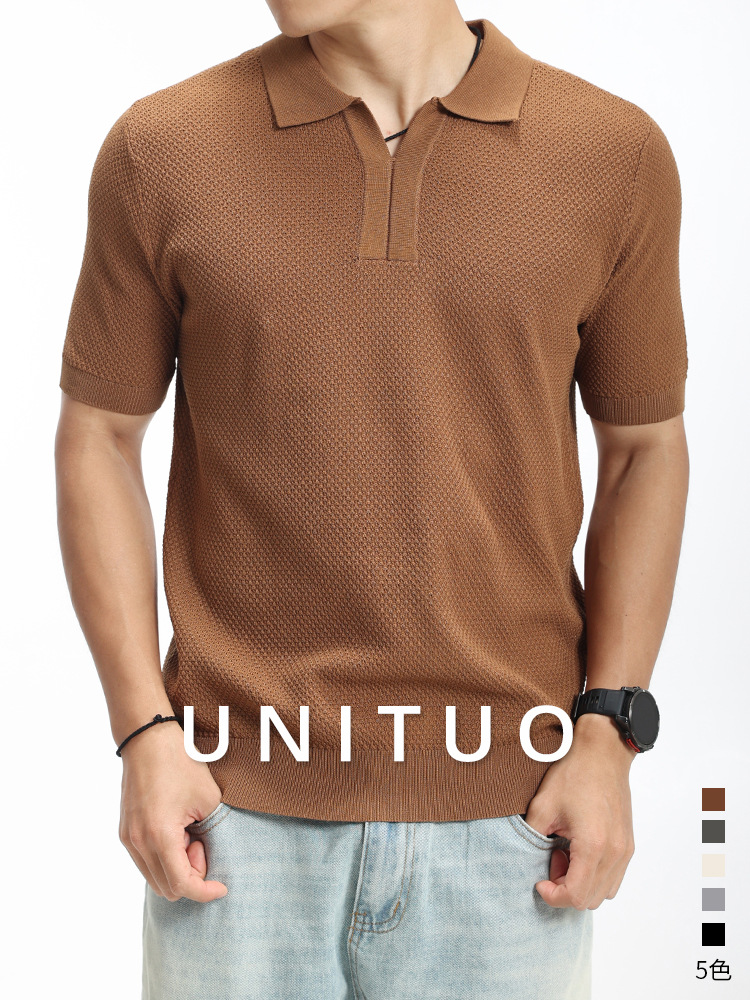 Lujo ligero viejo estilo de alta sensación gaviota cuello de hielo de punto camiseta polo hombre de negocios con camiseta de cuello de manga corta Paul