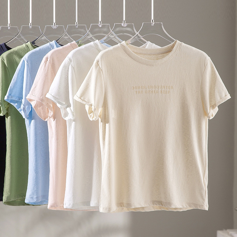 Raindrop Hemp Short-Sleeve T-Shirt for Women, Letter Print, Loose Fit, Round Neck, Slimming Top, Comfortable, Moisture-Wicking, Breathable, Base Layer, New Summer Style