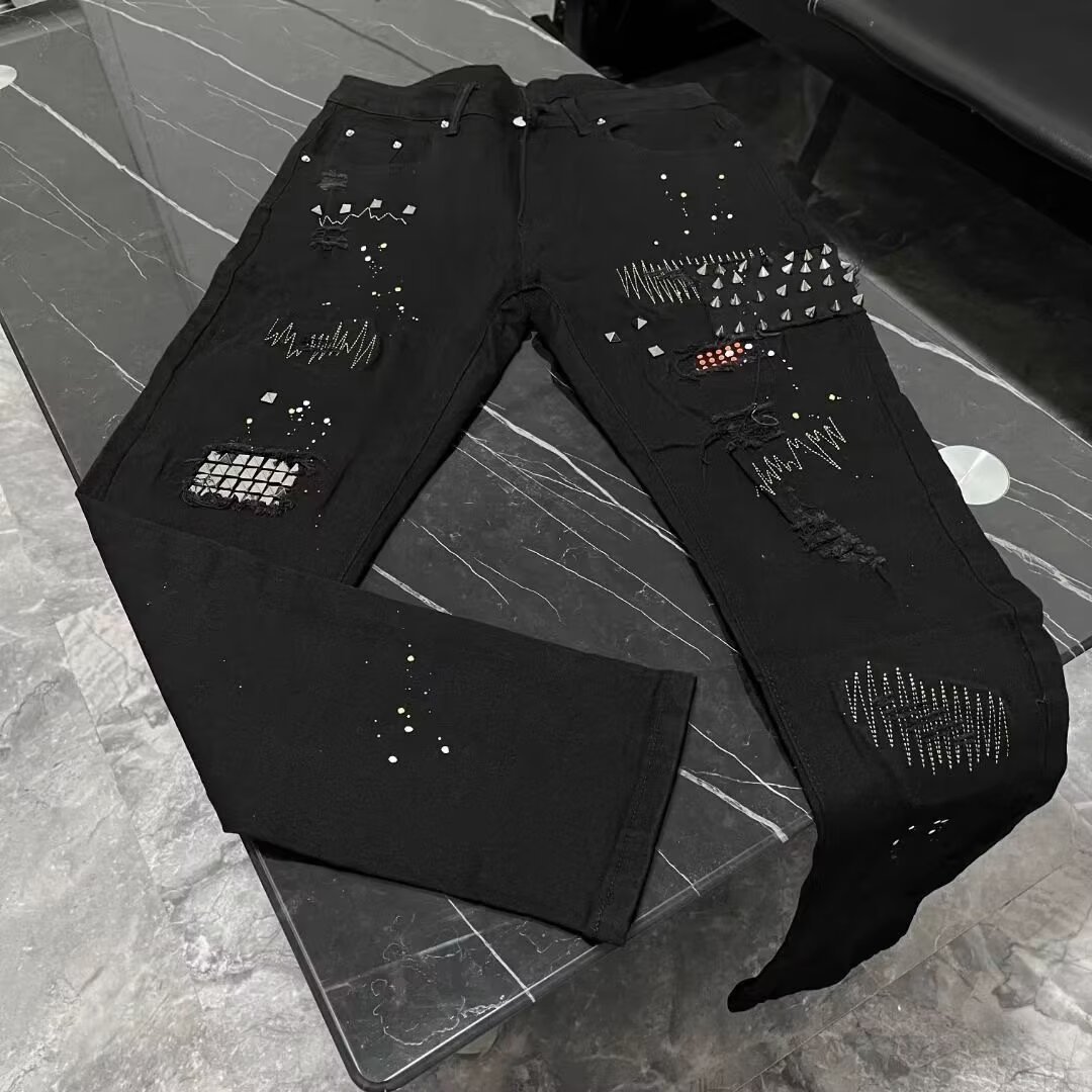 Autumn new black jeans for men, slim fit with small feet, ripped holes, personalized patchwork, trendy elastic men's_voghion.com