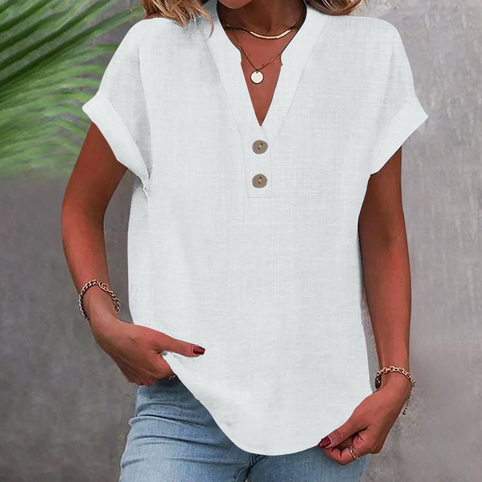 2025 European And American Summer Solid Color Stand Collar Button Short Sleeve Women's Shirt_ecoleips.com