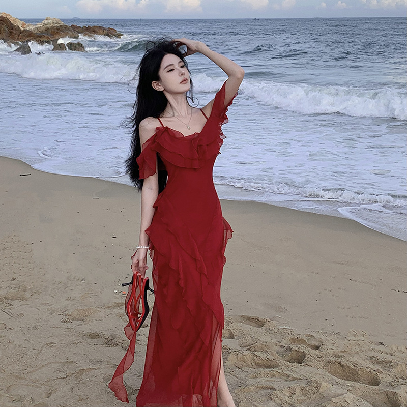 Cold Style Unique Chic Dress Retro Shoulder Ruffled Red Long Dress Seaside Holiday dress Women's Summer