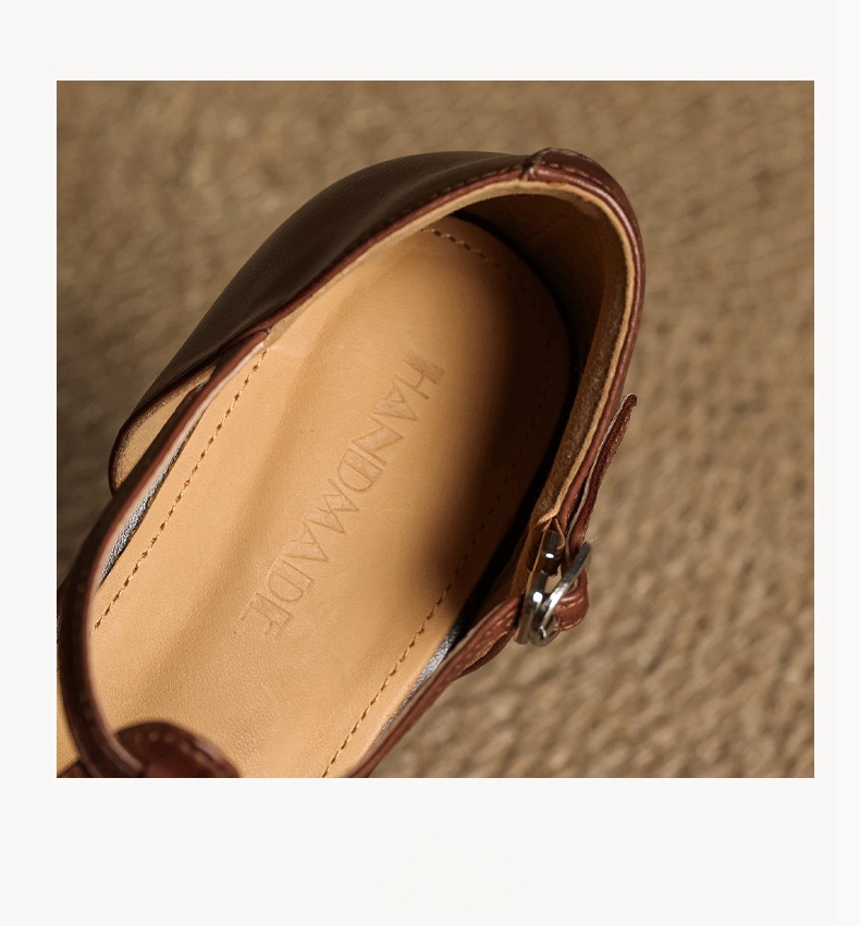 Sandal nữ mũi nhọn da bò quai chữ T gót thấp phong cách La Mã — nâu chi tiết 20