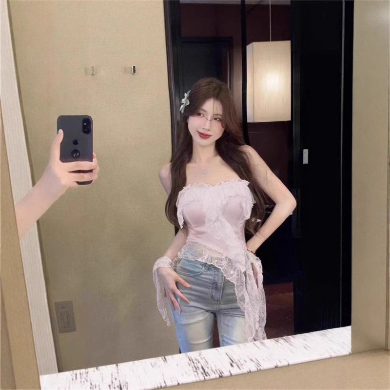 Pure Shoulder Sexy Sleeveless Strapless Top Women's Summer Outer Wear Irregular Short Lace Back