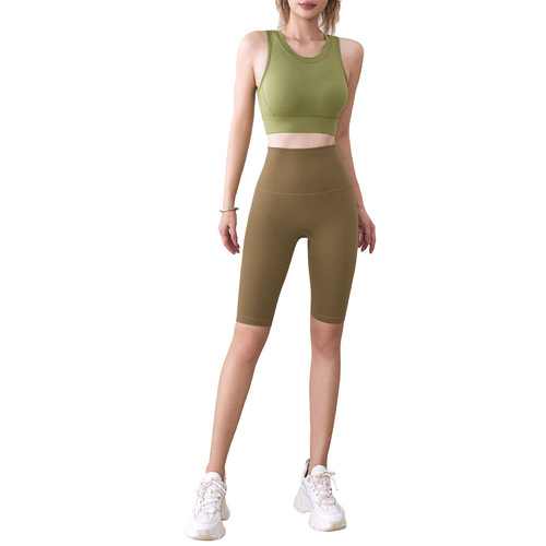 Spring and Summer Outdoor Sports Bare Sensation Women's High-Waisted Elastic Peach Hip Five-Finger Fitness Pants Slim Yoga Shorts