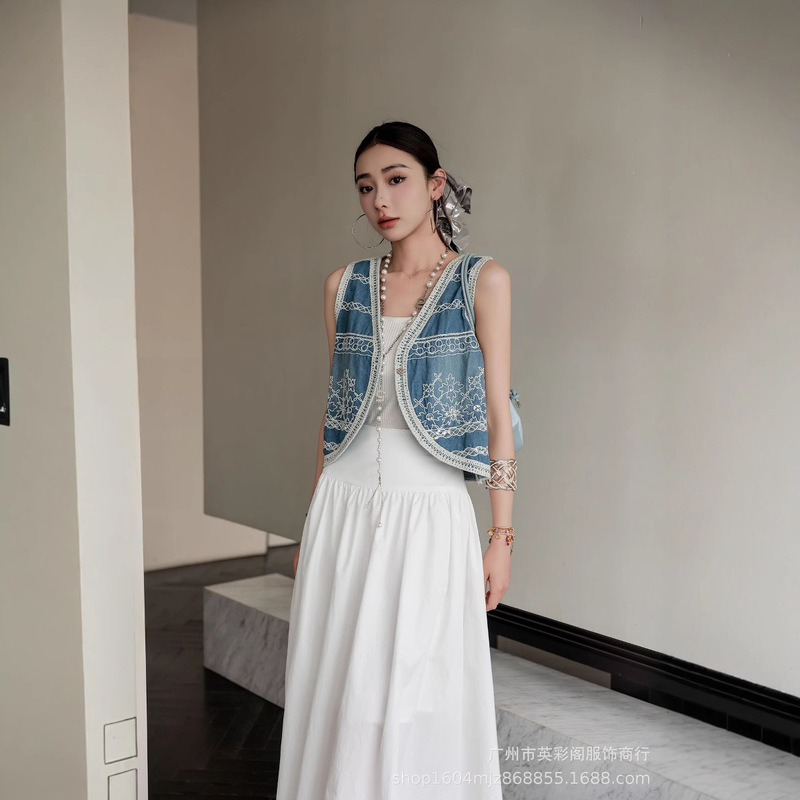 Waste Soil Style Personalized Vintage Stacked Wear Korean Style Knitted Denim Vest Autumn Outer Wear Flesh-Covering Slimming Crochet Top Trendy