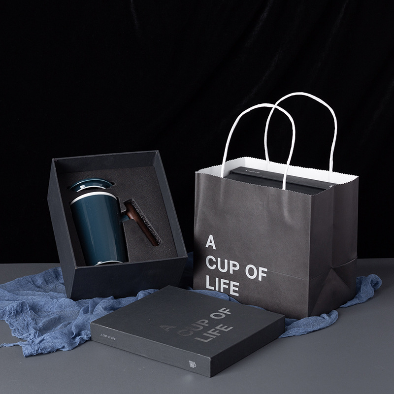 Wenchuang mango de madera taza de cerámica taza de café taza de agua con cubierta cuchara caja de regalo bolsa LOGO tallado