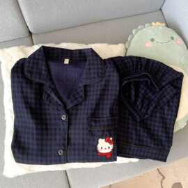 格子KT猫云朵棉睡衣女士春秋季2025年新款可爱卡通长袖套装家居服