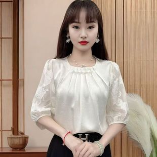 Summer New Stylish and Trendy Women's Quarter-Sleeve Top, Popular Fashion Round Neck Patchwork Age-Reducing Shirt, Plus Size Loose Fit