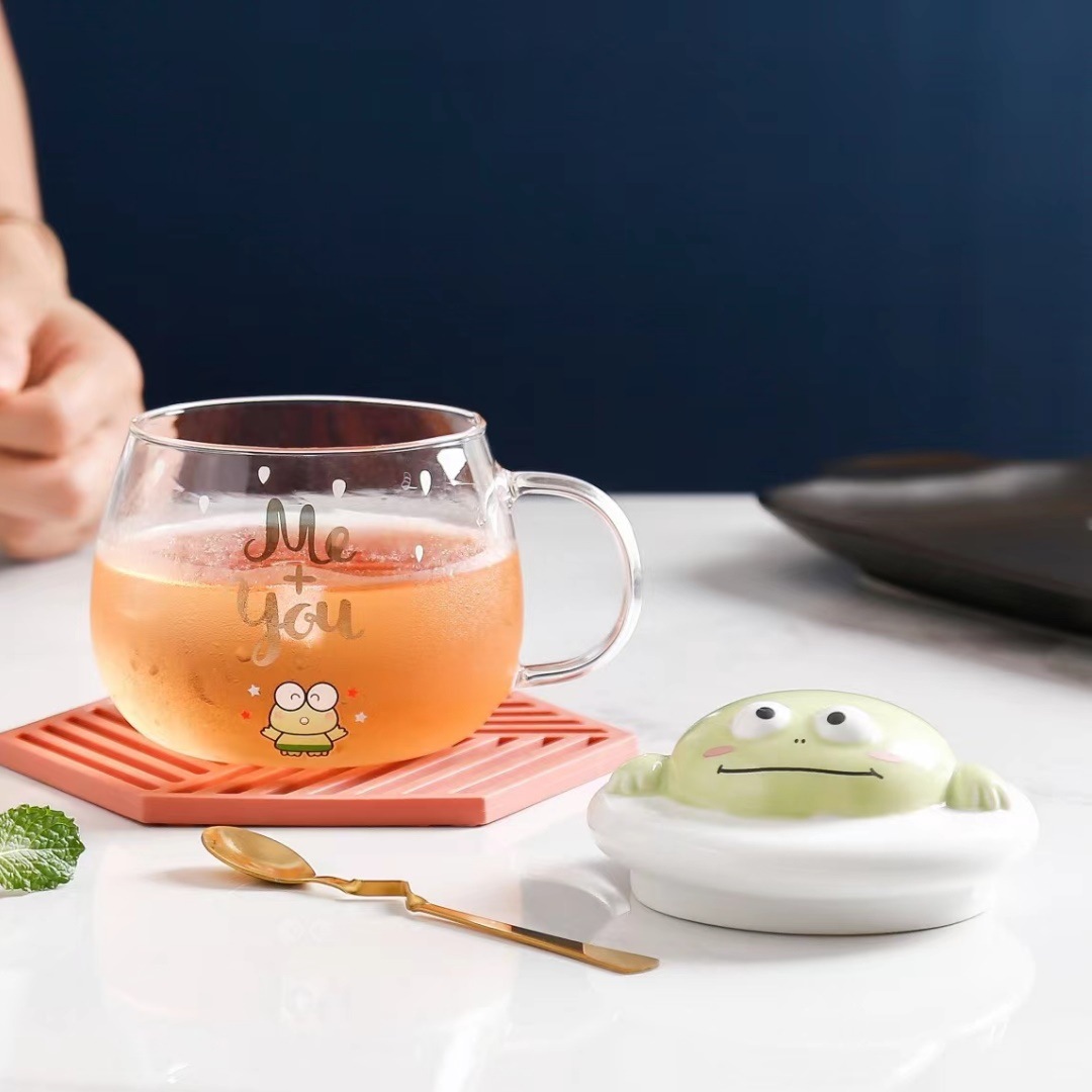 Corea personalidad creativa Linda historieta 3D forma taza Rana de cristal transparente con tapa cuchara agua
