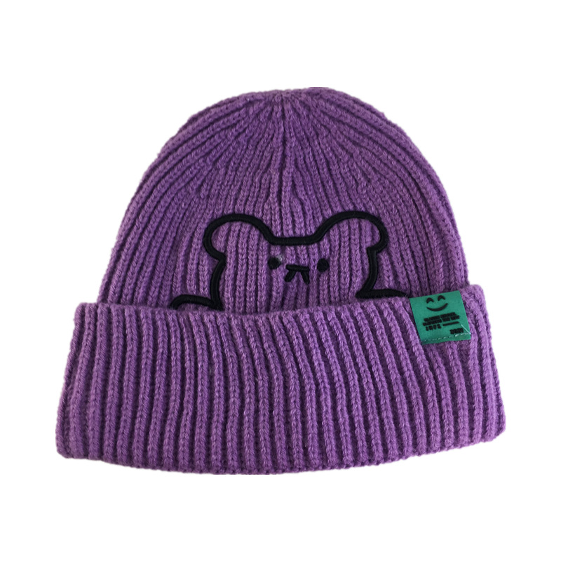 Unisex Niedliche Wollmütze mit Bären-Label für Kinder Herbst- und Winterstudenten mit dicker, warmer Strickmütze mit Ohrenschutz_voghion.com