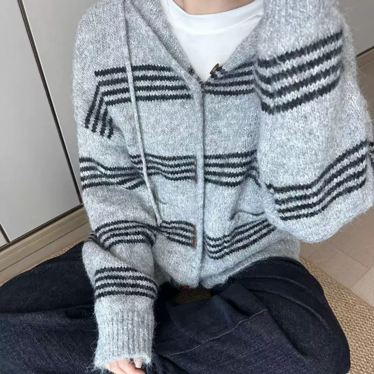 【条纹大被子】糯糯韩系温柔条纹连帽毛衣秋冬慵懒感氛围百搭开衫