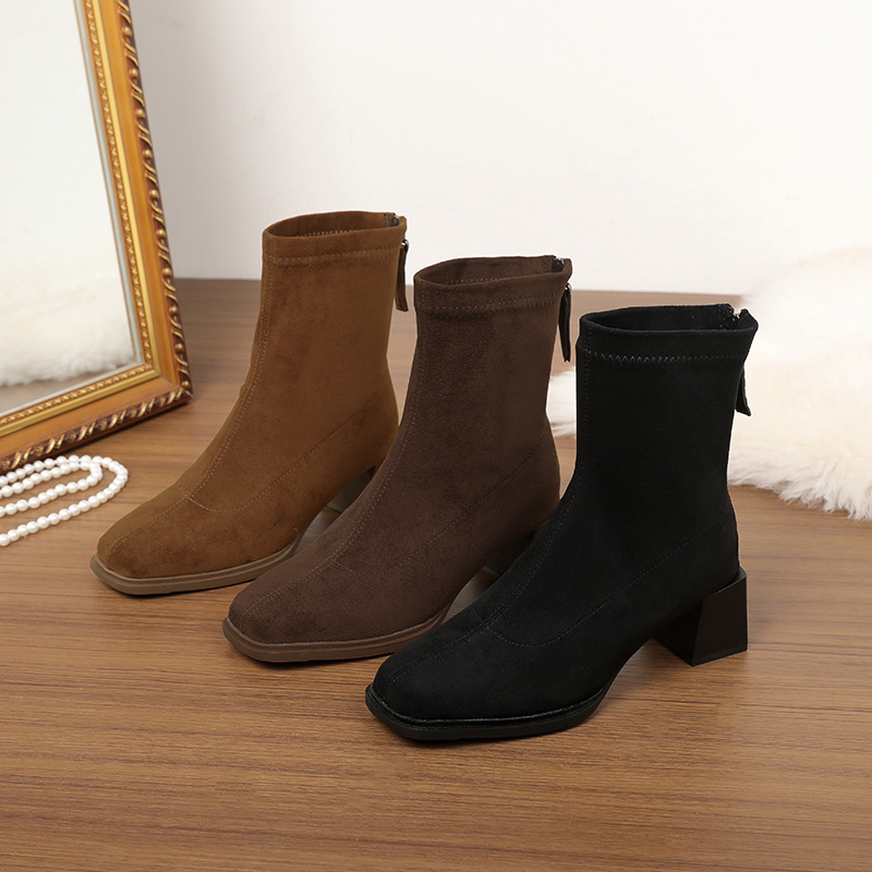 2025 Suede Square Toe Mid-Heel Short Boots Women's Pointed Toe Boots with Back Zipper Spring and Autumn Single Boots Women's Chunky Heel High Heels