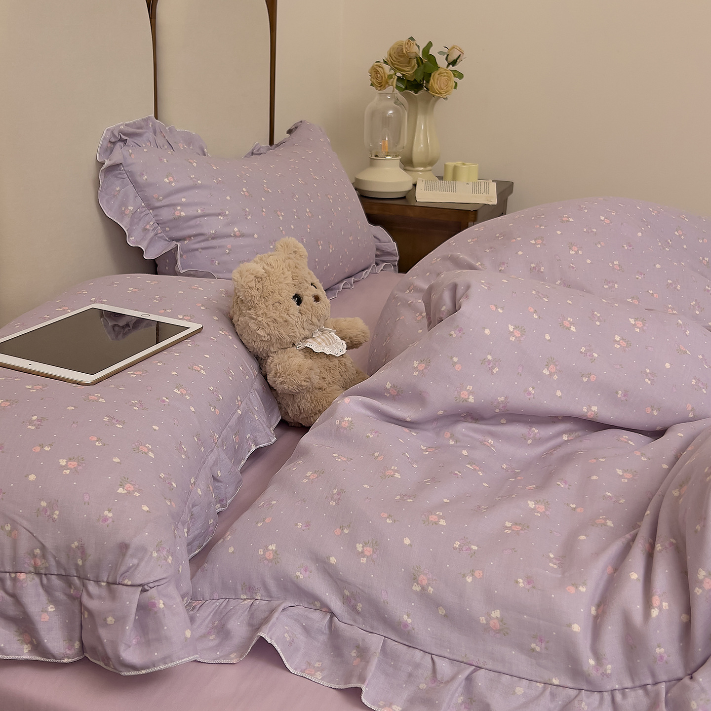 New French-Style Lace All-Cotton Double-Layer Gauze B-Class 4-Piece Set, Not Easy to Fade, Fresh and Breathable, Suitable for Dormitory Students