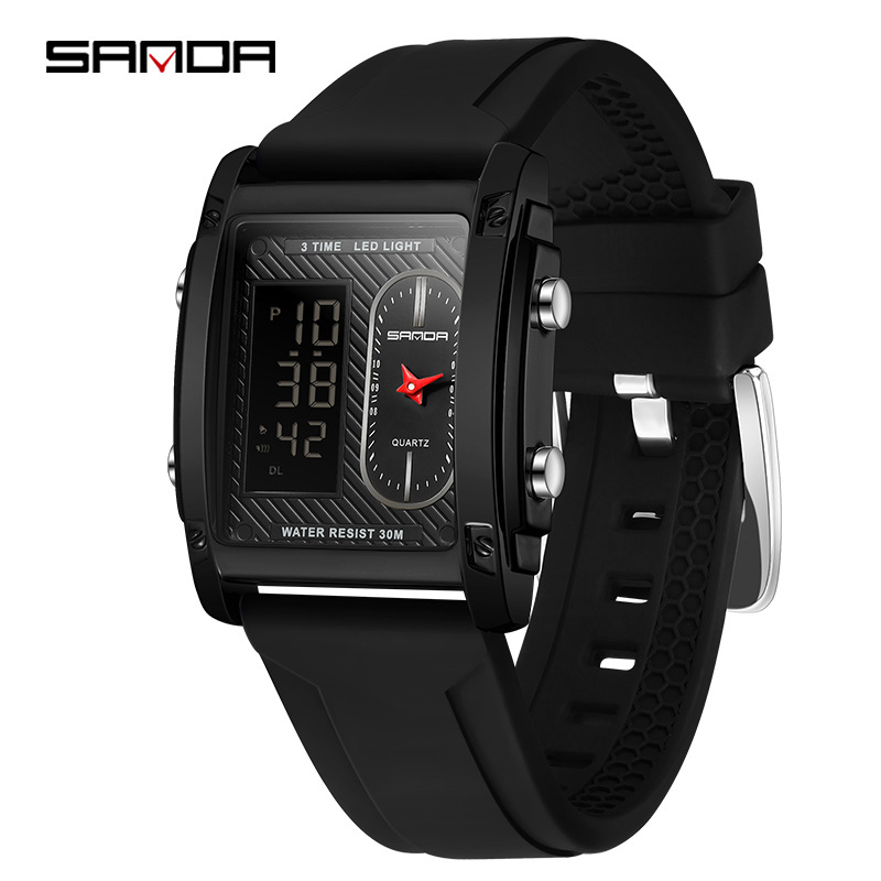 SANDA transfronterizo explosivo cuadrado hombre reloj electrónico de cuarzo impermeable moda multifunción doble pantalla reloj electrónico