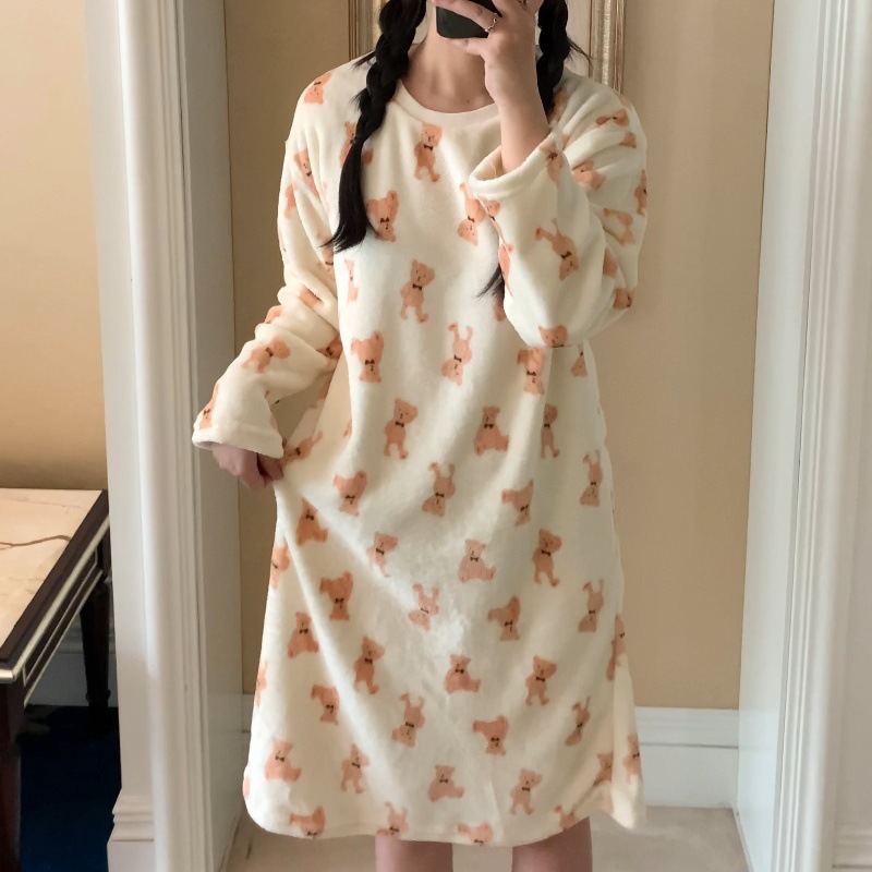 长袖睡裙女秋冬季珊瑚绒中长款可爱学生加厚保暖法兰绒家居服