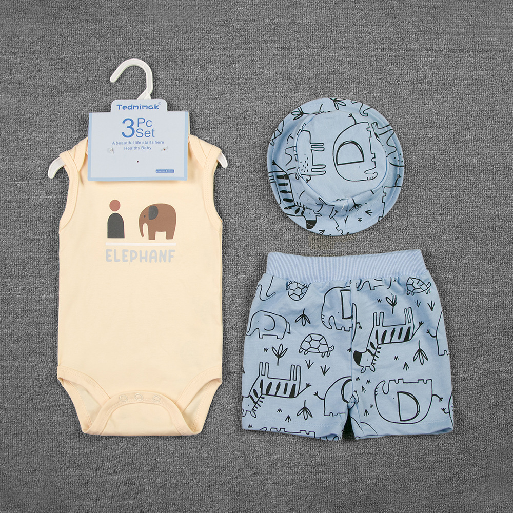 Comercio exterior chaleco de bebé de verano para hombres y mujeres con tres piezas con sombrero, ropa de trepa, ropa de bebé de verano delgada