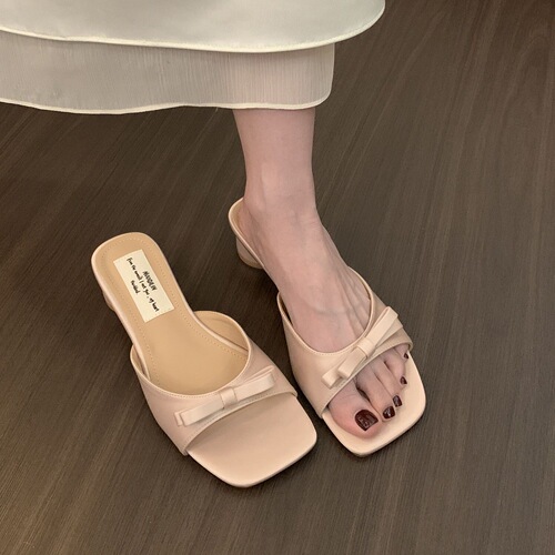 Women's Spring New Fashionable Outdoor Wear French Breeze Square Head Butterfly Knot One-piece Slippers