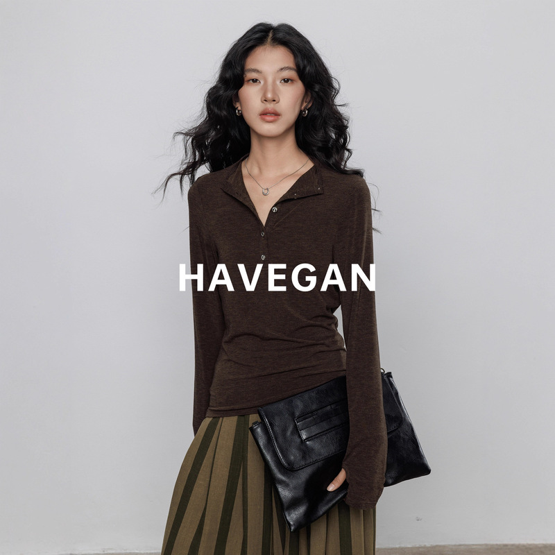 Havegan/Tencel Wool Long-Sleeved Bottoming Shirt for Women 2025 New Henry Collar Slim Stretch Top