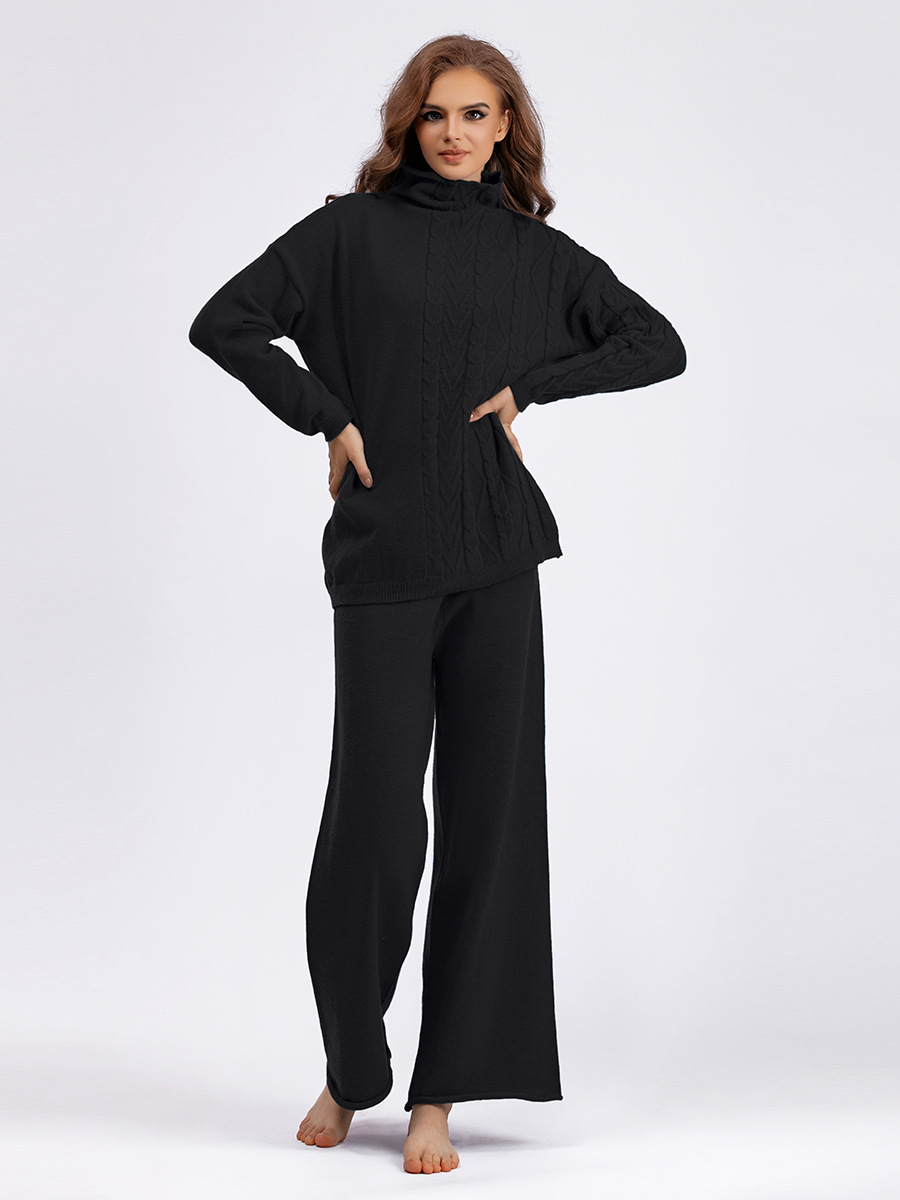 Damenbekleidung Herbst und Winter große Größe Rollkragenanzug Mode neue sanfte faule Stil Pullover zweiteiliges Set einfarbig gestrickt_voghion.com