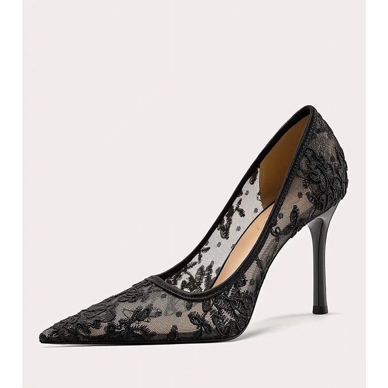 European and American Style Sexy High Heels for Women, Thin Heels, Shallow Pointed Toe, 2026 New Mesh Hollow Lace Single Shoes