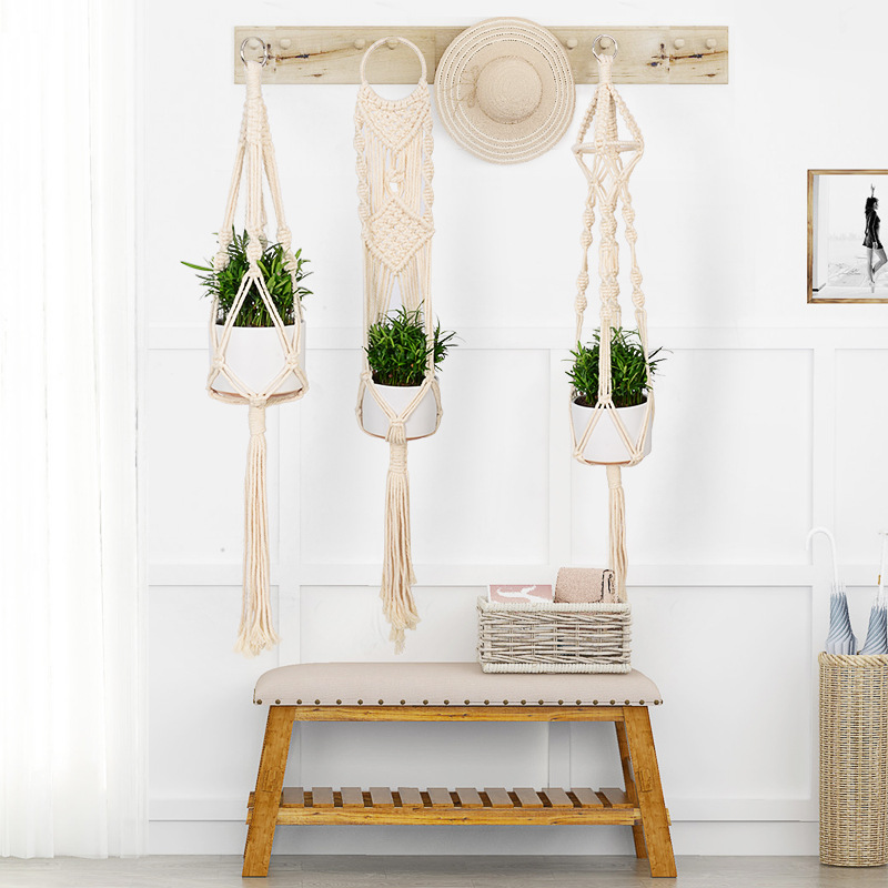 園藝吊籃花盆陽臺花盆網(wǎng)兜 棉麻繩編織花盆吊繩懸掛雙層花盆批發(fā)