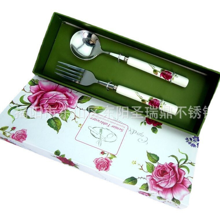 Chinese Style Flower Ceramic Handle Stainless Steel Knife, Fork, Spoon and Chopsticks Exquisite Gift Box Tableware Set Snack Banquet Simple Style