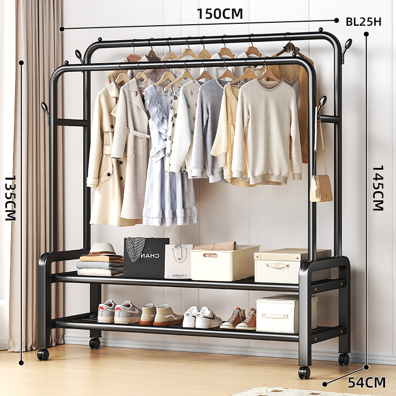 이중 극*이중층 150cm 검정색 바퀴가 달린 수납 선반 옷걸이 4개