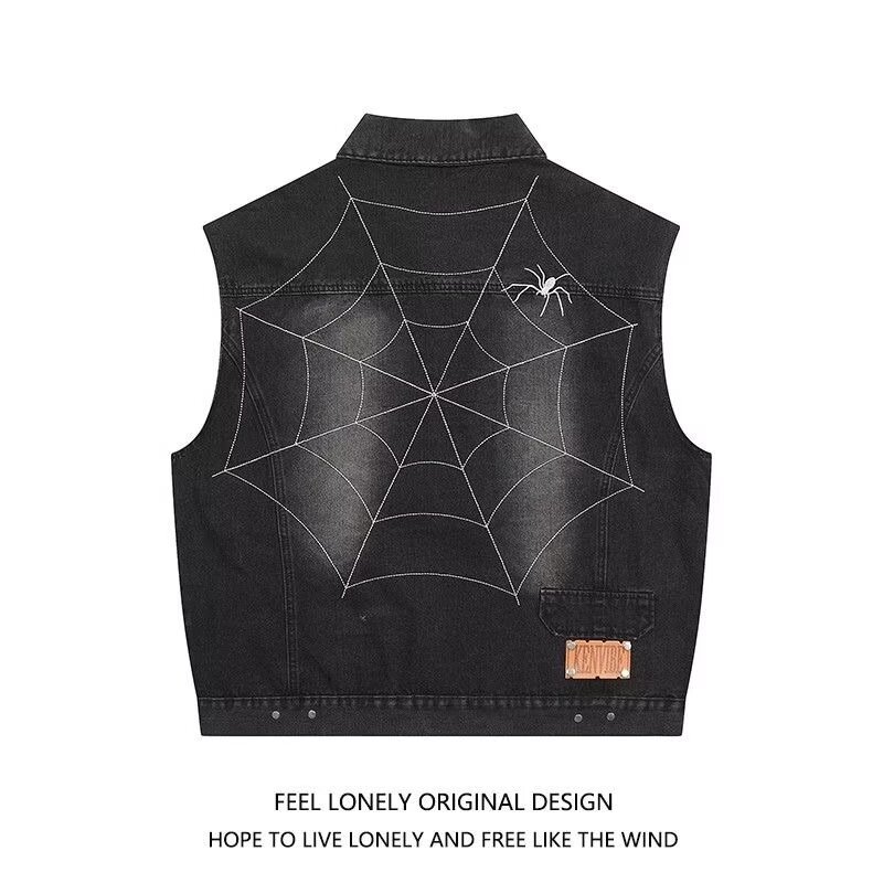 2024 chaleco de vaquero araña hombre primavera estilo americano marca de moda de alta calle chaleco casual versátil chaqueta sin mangas