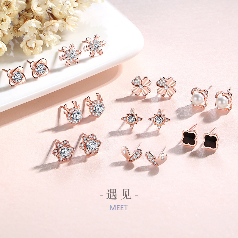 一周星期纯银925耳钉女小众设计轻奢款四叶草耳环爱心黑玛瑙耳饰