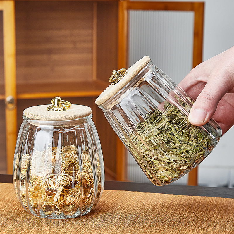 批发带拉环玻璃收纳罐竖纹茶叶罐透明家用厨房杂粮干果复古储物罐