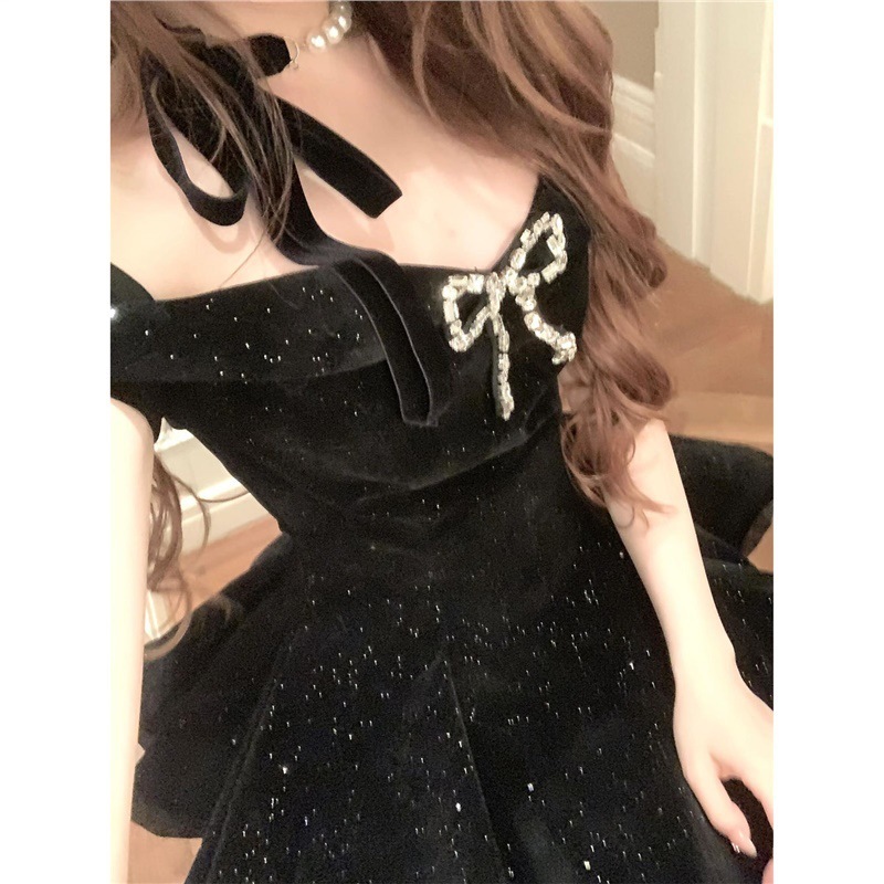 法式名媛千金高级感蝴蝶结一字肩连衣裙夏季新款时尚生日礼服裙女|undefined