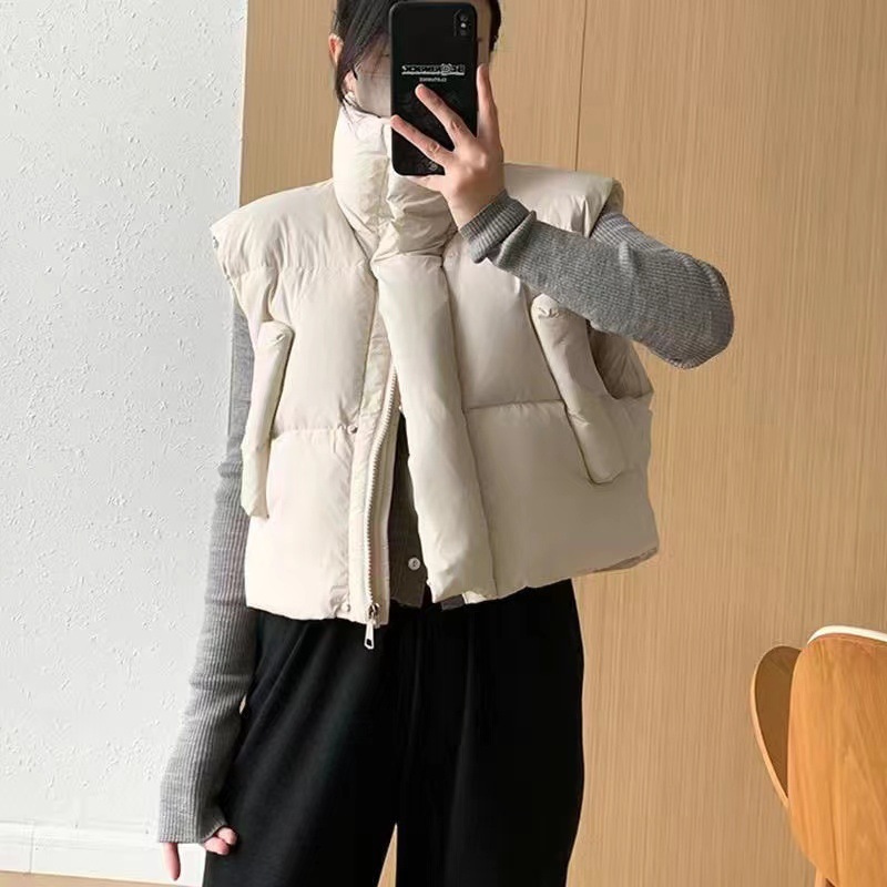 Women's Short Vest Cotton Coat, 2024 Winter New Style, Lightweight Stand Collar, Sweet and Cool, Petite Style, White Duck Down Warm Vest
