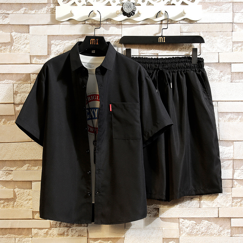 Summer Solid Color Short-Sleeved Suit Three-Quarter Sleeve Shirt Shorts Men's Large Size Two-Piece Set Foreign Trade Cross-Border Shirt Men's Clothing