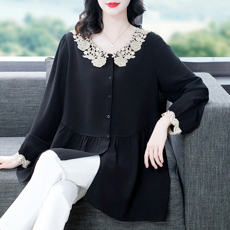 Spring New Korean style age-reducing slimming loose plus size lace edge long sleeve doll all-match shirt middle-aged and elderly women's clothing