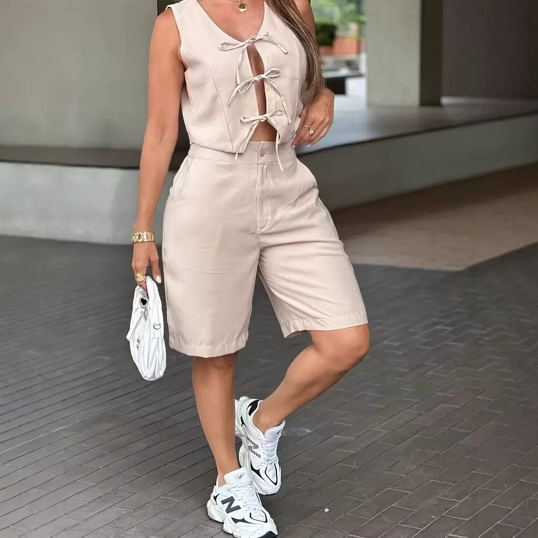 亚马逊欧美跨境2026新款潮流无袖短款上衣搭配中裤两件套系带套装