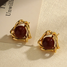 韩版新款小香风线条珍珠花卉耳钉百搭时尚高级感气质耳饰现货批发