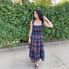 新款跨境欧美亚马逊外贸女装圣诞节彩色格子印花款荷叶肩带连衣裙