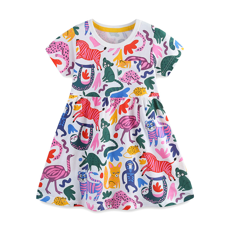 Verano nuevo vestido de niña dibujos animados impresión animal vestido de mangas cortas vestido de niños de estilo europeo y americano comercio exterior