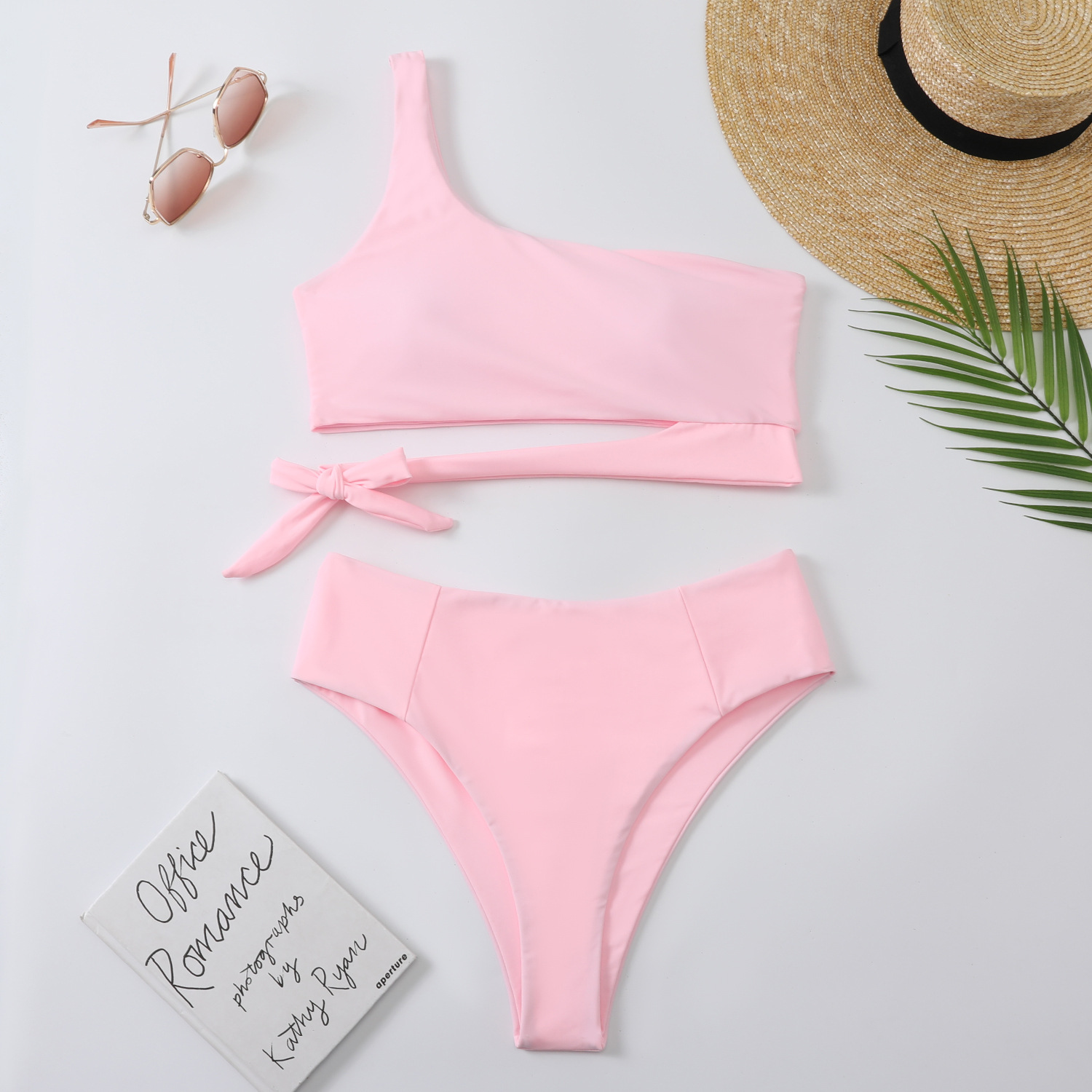 solid color oblique shoulder knotted hollow split swimsuit two-piece set  NSJHD121695