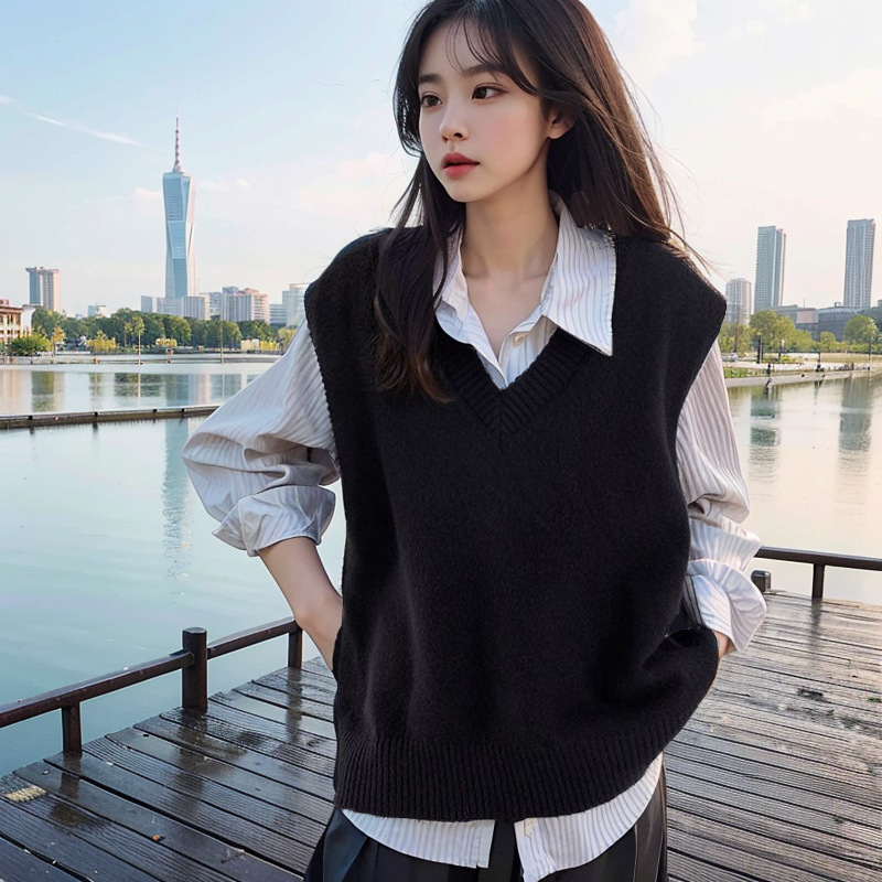 Black V-neck Sweater Vest Women's Autumn and Winter New Stacked Sleeveless Sweater Loose Outer Waistcoat Vest