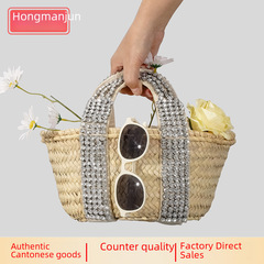 新款手工鑲鑽草編包女田園風菜籃子手提包海邊沙灘度假手拎包跨境